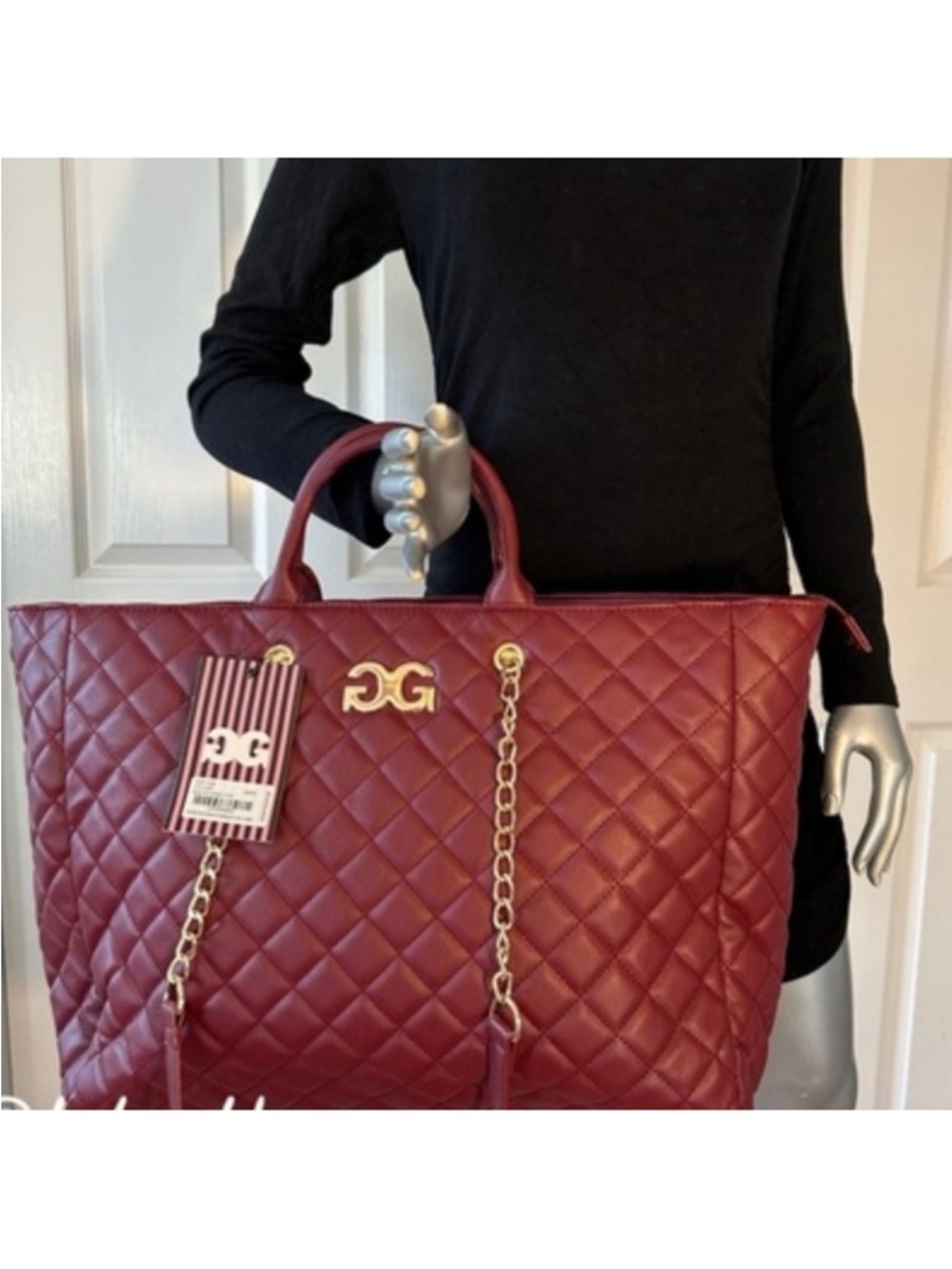 GILDA PARIS Big Quilted Wine Red Tote Bag with Gold Chain Accents